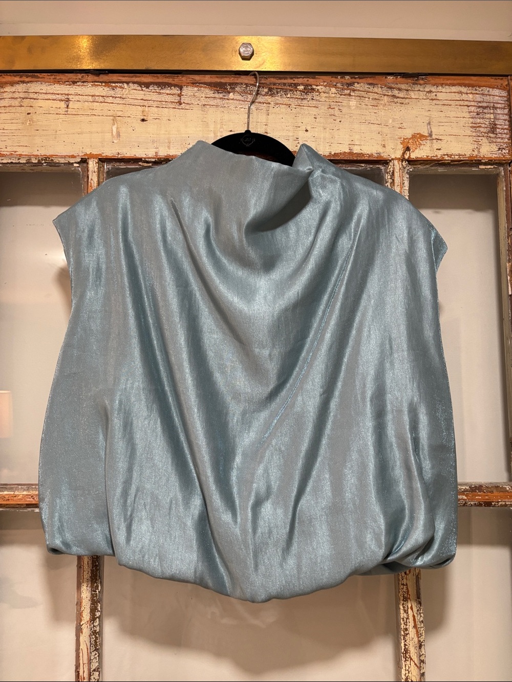 glam Shimmery Sky-Blue Draped Cap Sleeve Blouse